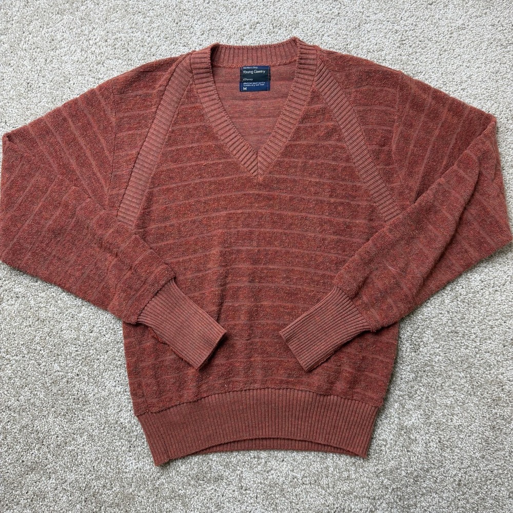 Vintage 70s Young Gentry Sweater Mens Medium Brown Striped V Neck Knit Pullover